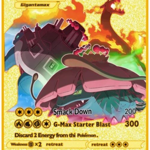 Carte Gold en Métal Pokémon Florizarre, Dracaufeu et Tortank
