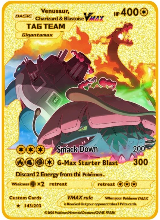 Carte Gold en Métal Pokémon Florizarre, Dracaufeu et Tortank